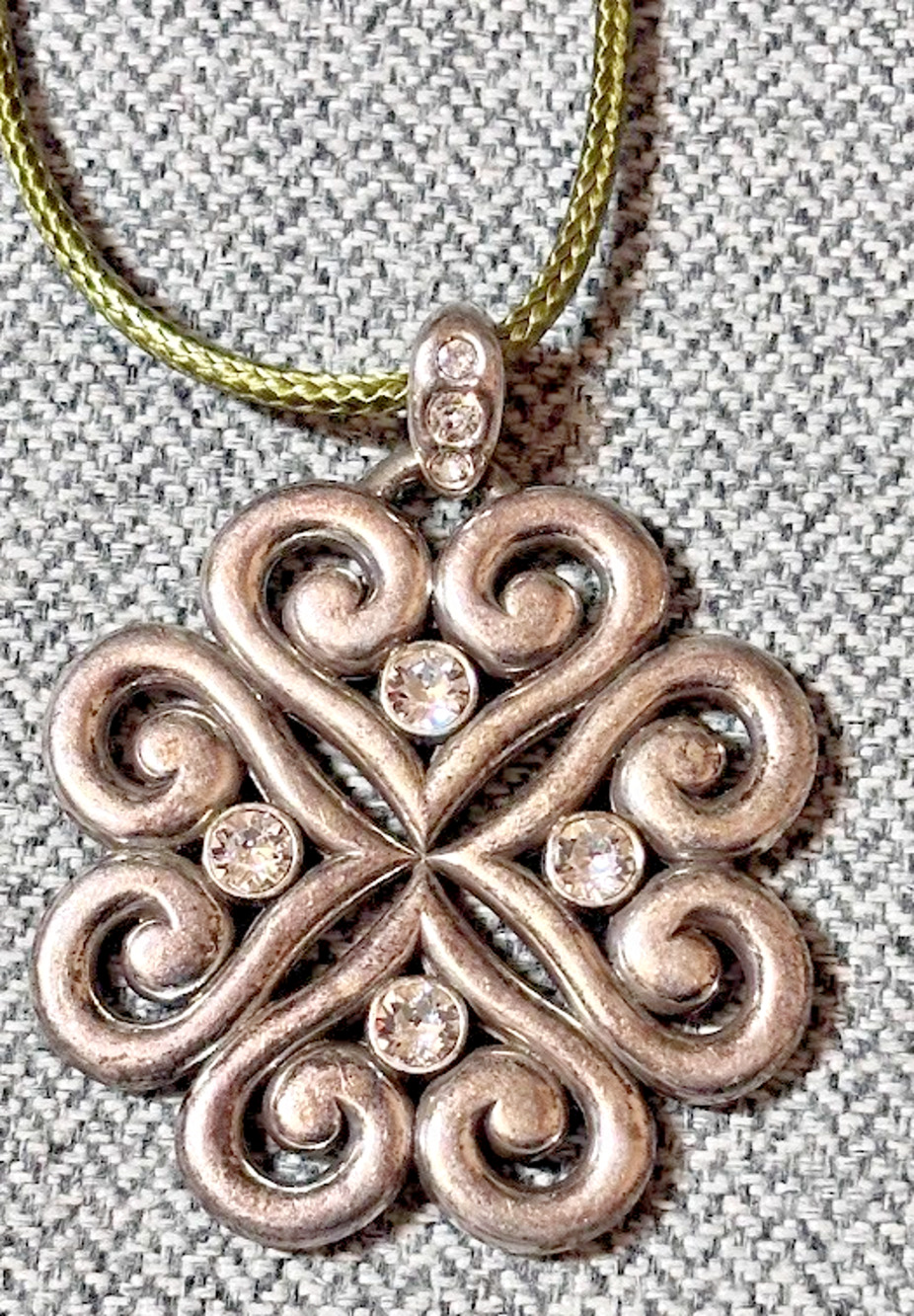 Vintage Silver Tone Scrollwork Heart Pendant Necklace Green Cord Y2K Romance